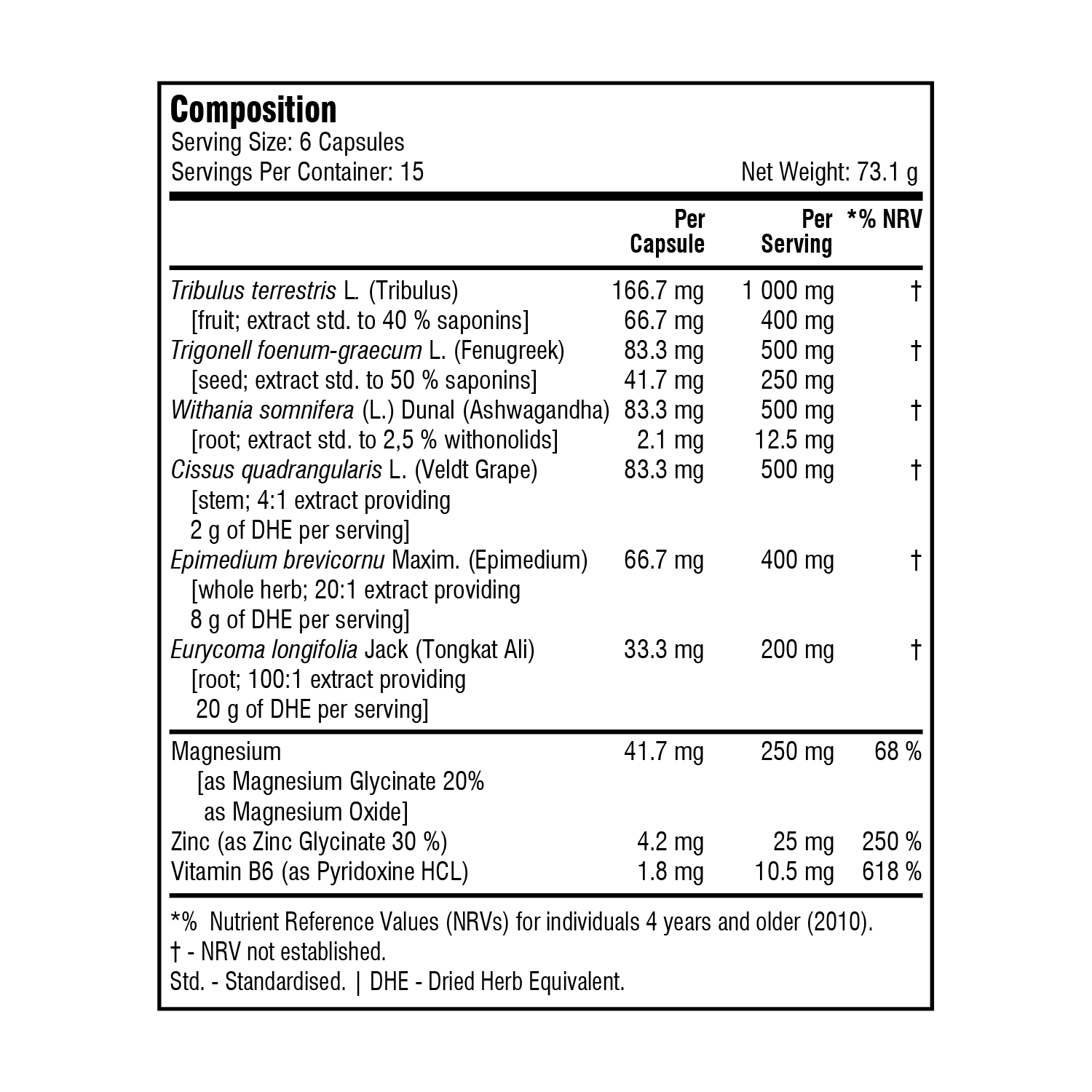 Nutritional label for a supplement with ingredients and their amounts per serving.